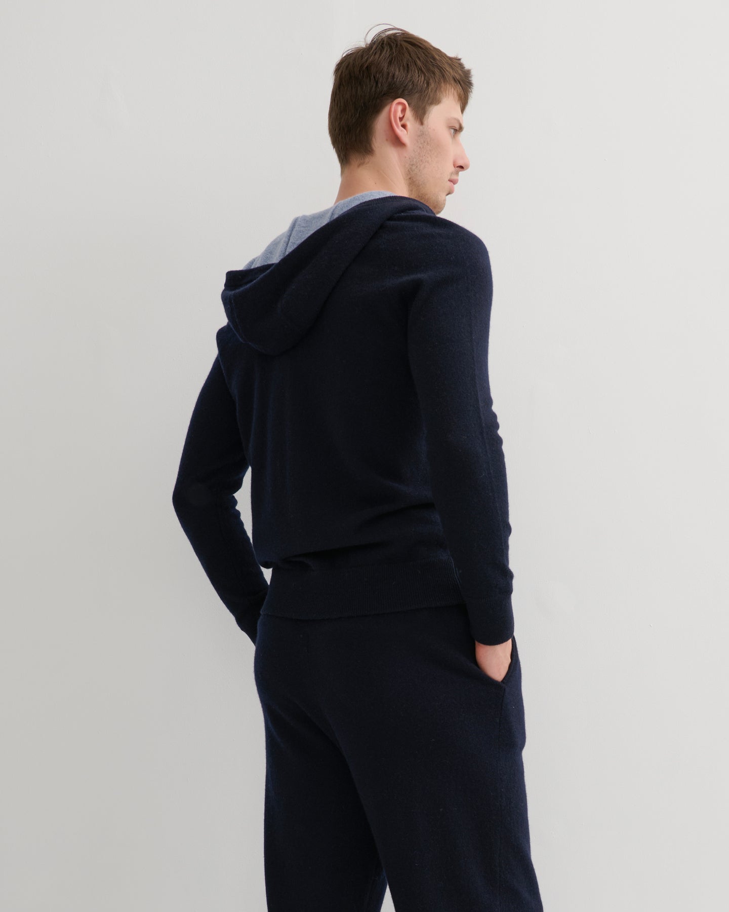 MEN'S CASHMERE HOODIE ZIP CARDIGAN- NAVY