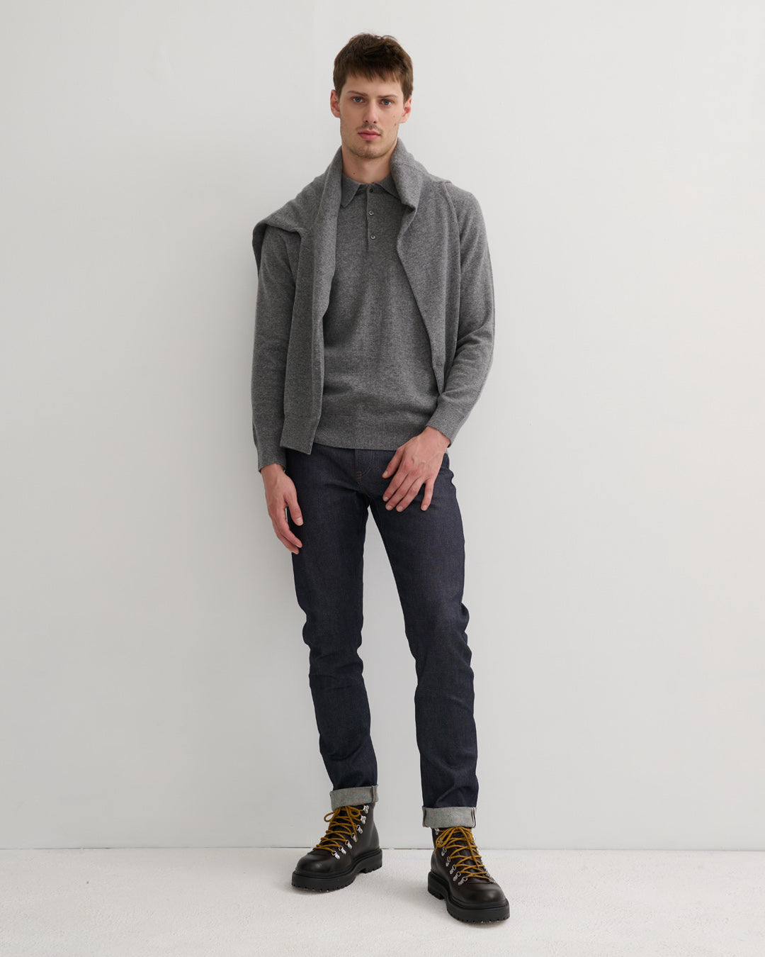 MEN'S CASHMERE POLO STYLE PULLOVER - MID GREY
