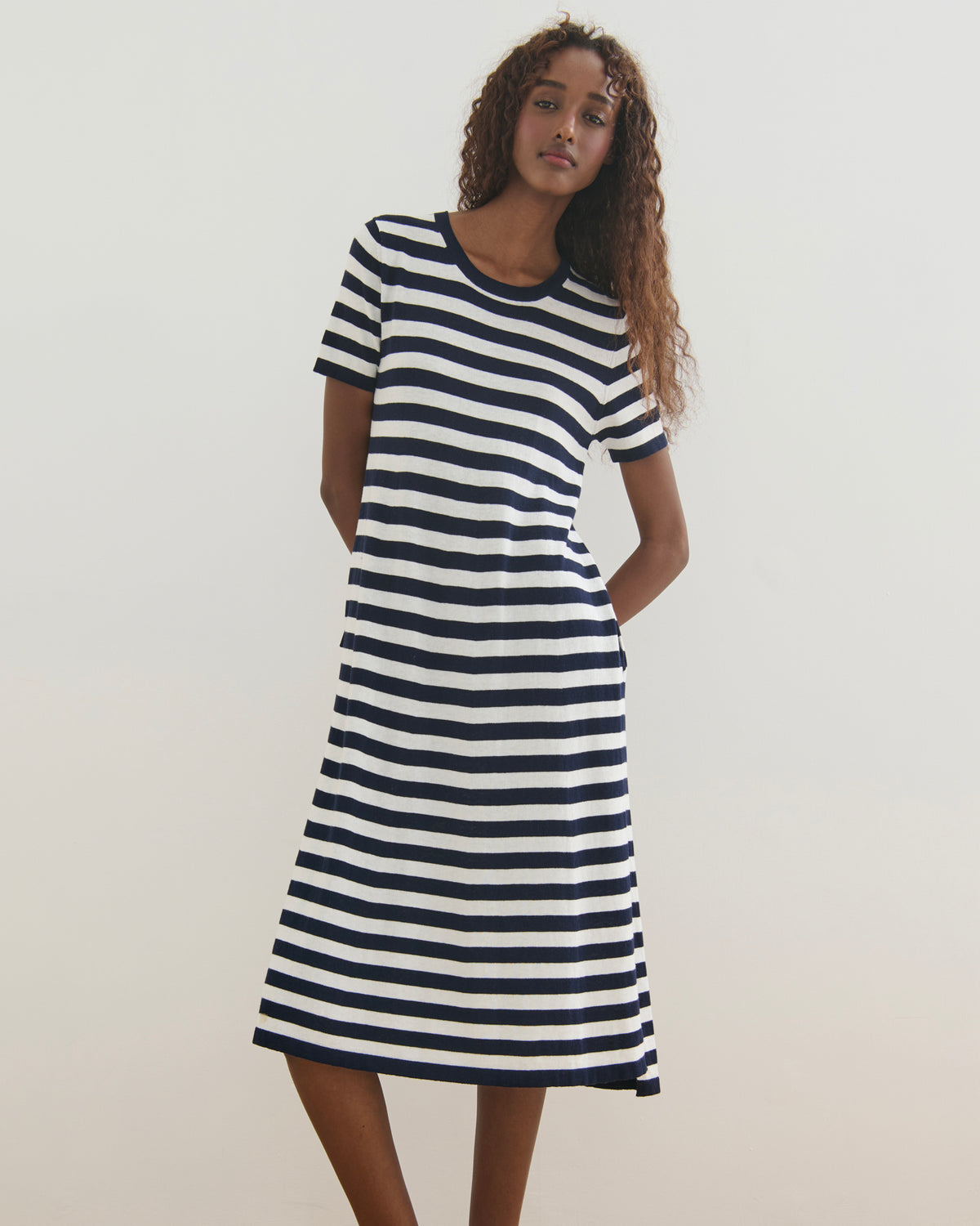 SORRENTO POCKETED STRIPE DRESS - NAVY + PEARL WHITE