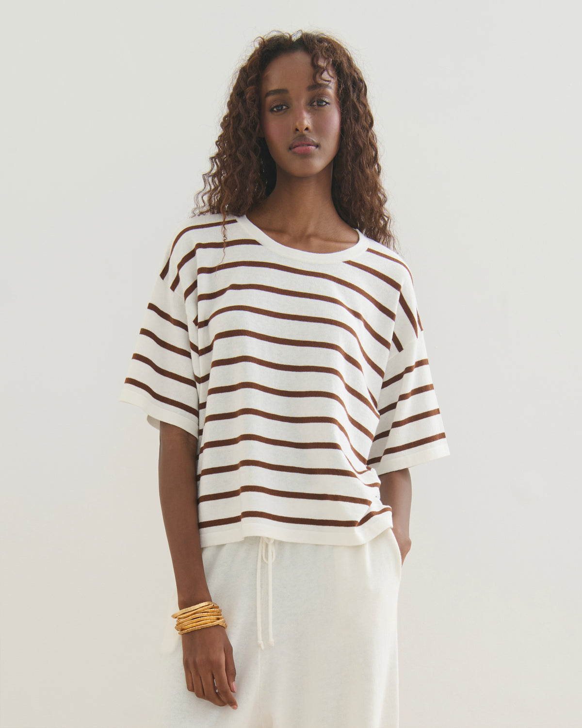 ROAM FREE MID SLEEVE COTTON CASHMERE TEE - PEARL WHITE