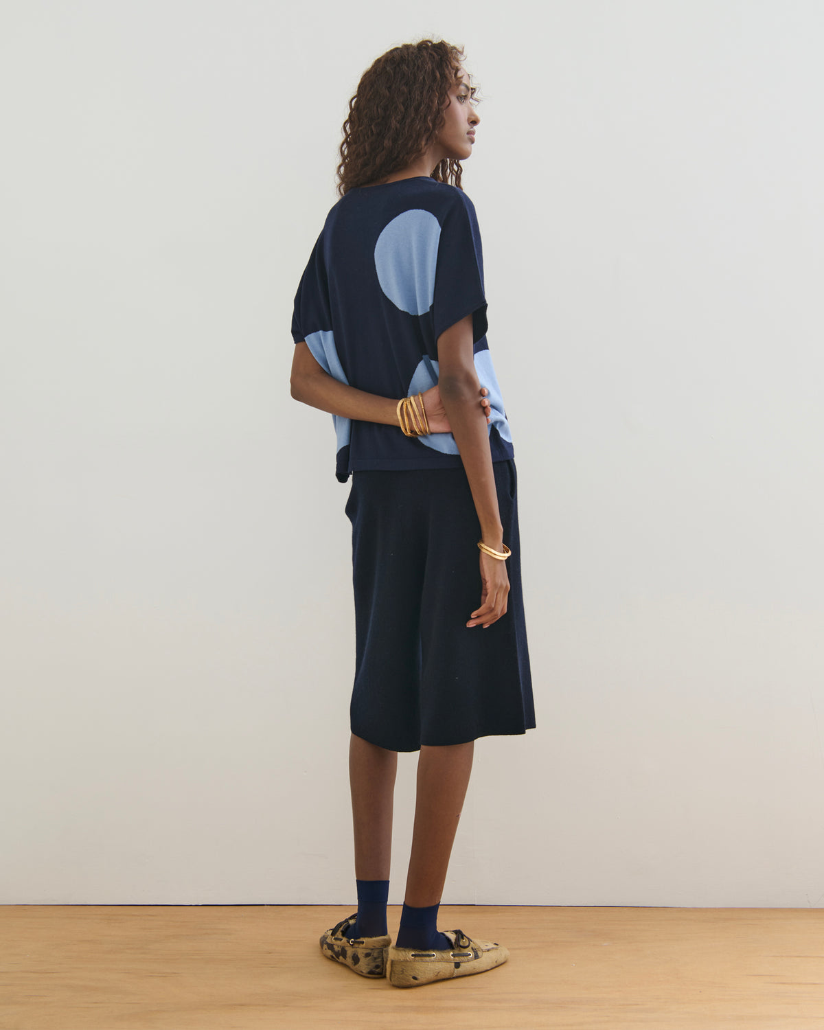 AIRY POLKA COTTON CASHMERE TOP - NAVY