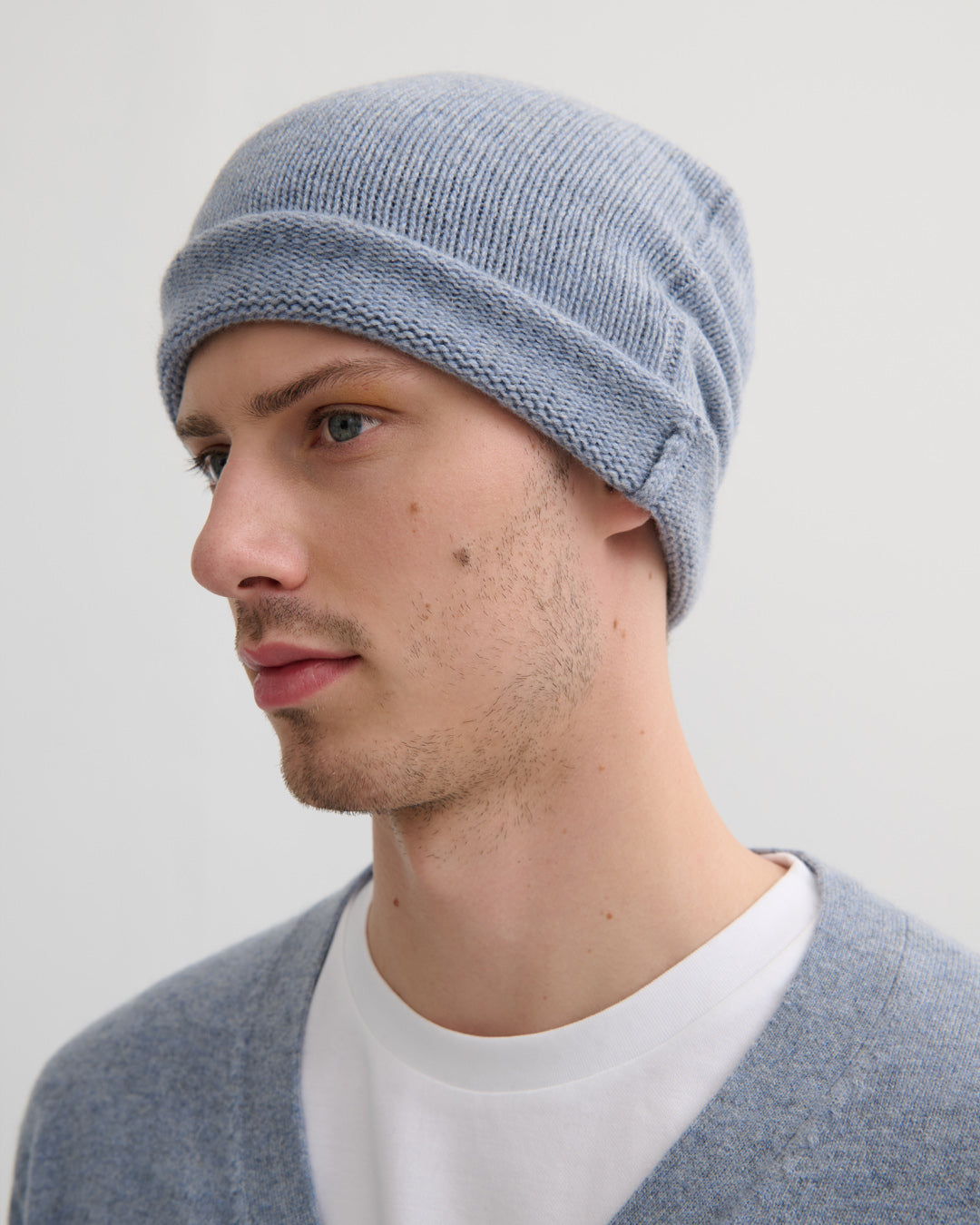 Close up of 100% pure cashmere knit in Misty Blue