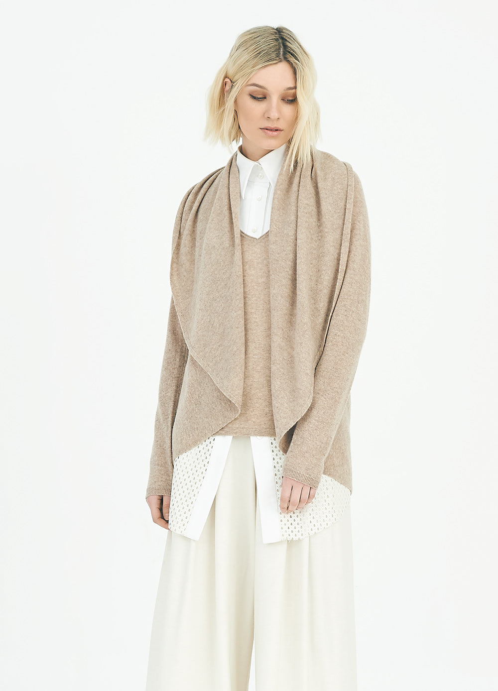 FLOWING COLLAR ULTRA LIGHT CASHMERE CARDIGAN - WHEAT