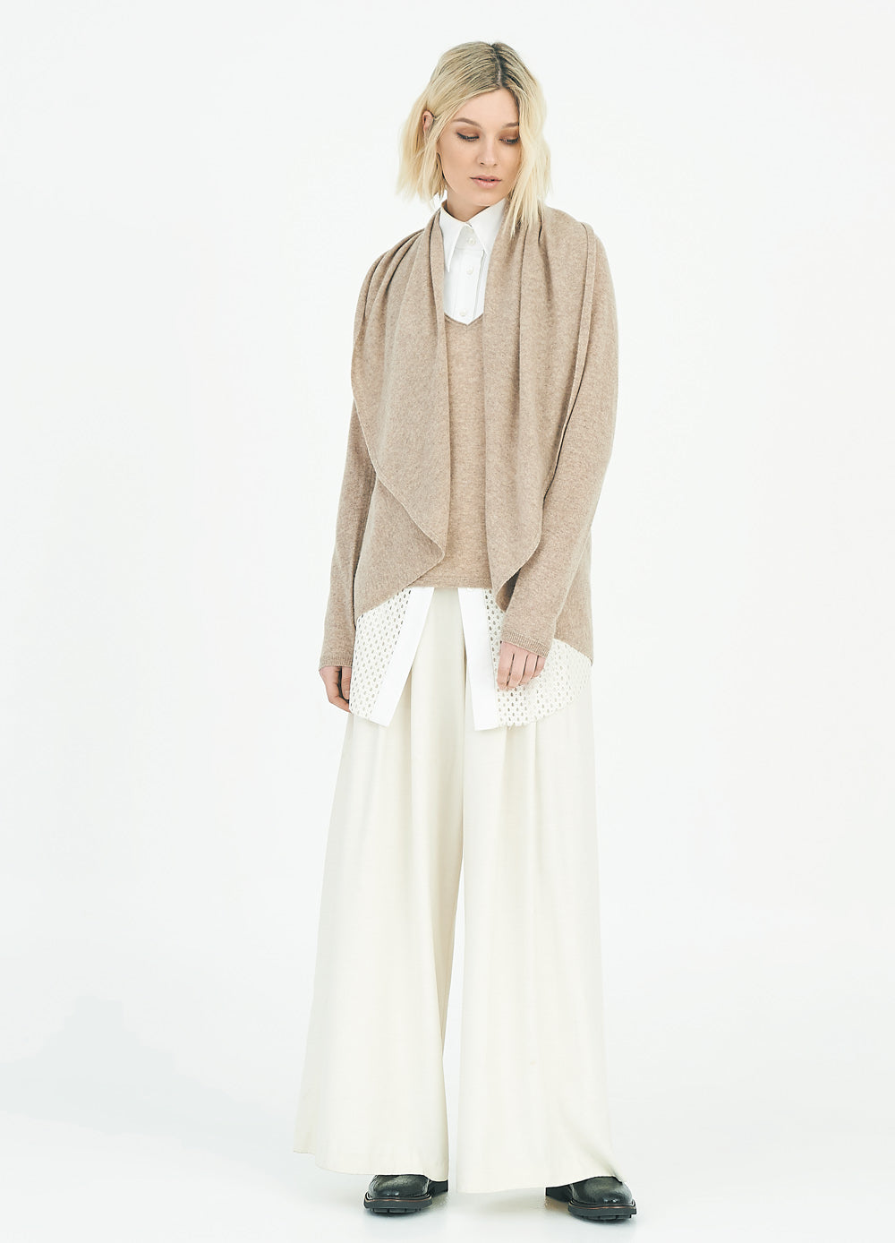 FLOWING COLLAR ULTRA LIGHT CASHMERE CARDIGAN - WHEAT