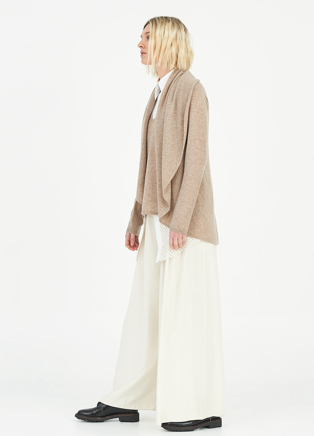 FLOWING COLLAR ULTRA LIGHT CASHMERE CARDIGAN - WHEAT