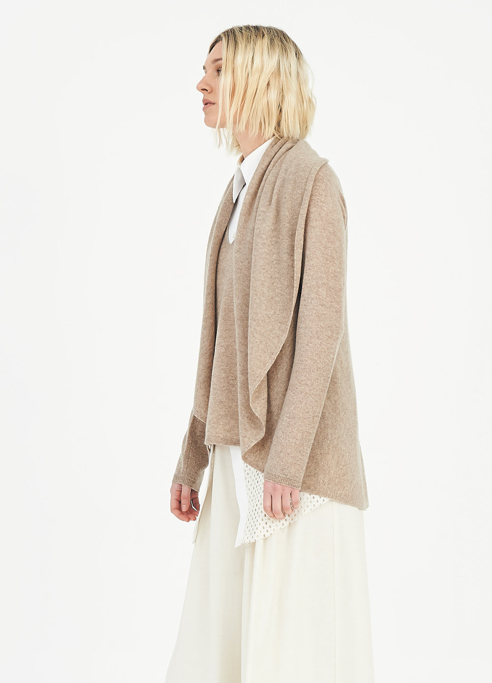 FLOWING COLLAR ULTRA LIGHT CASHMERE CARDIGAN - WHEAT