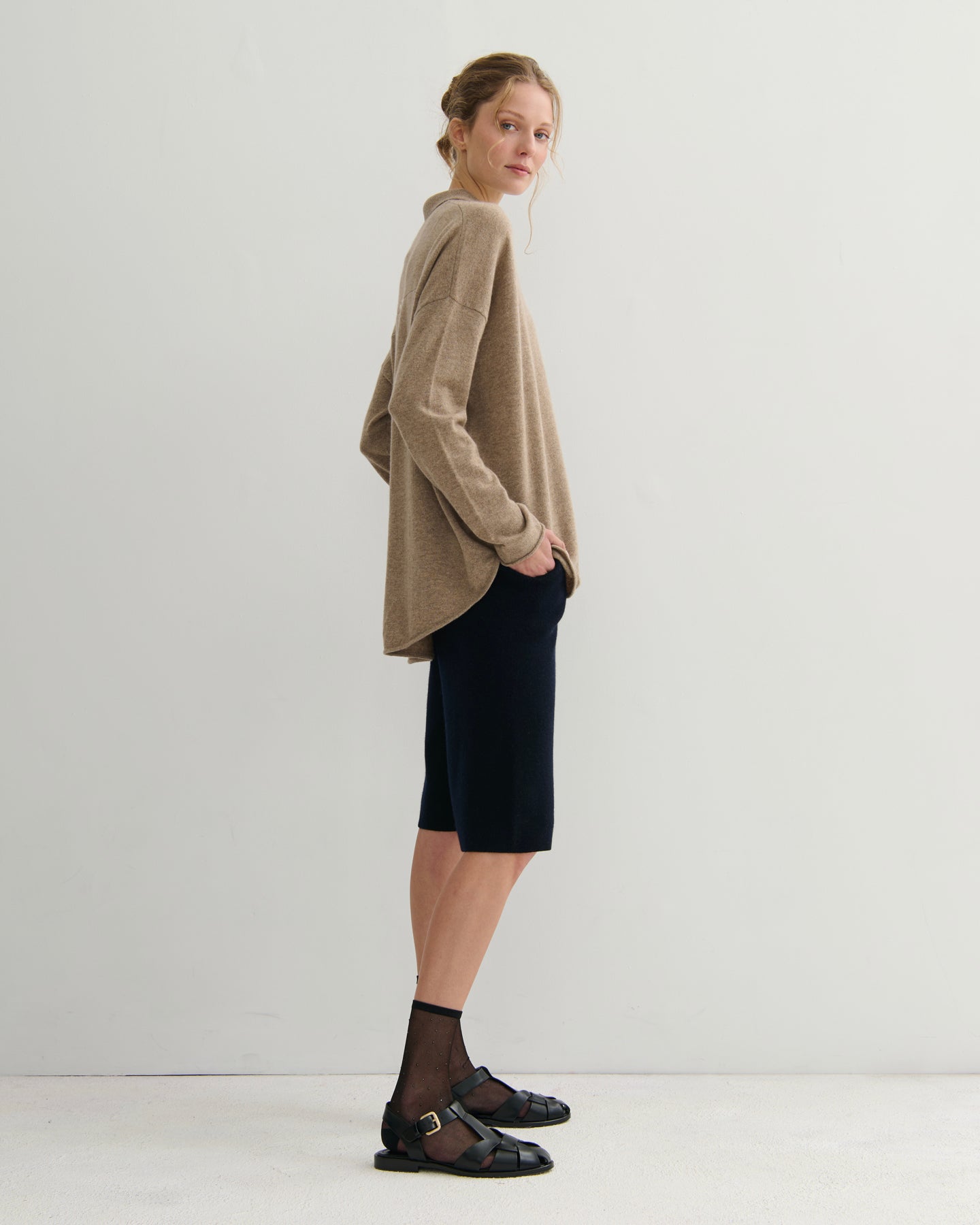 Relaxed fit undyed cashmere shirt cardigan side profile