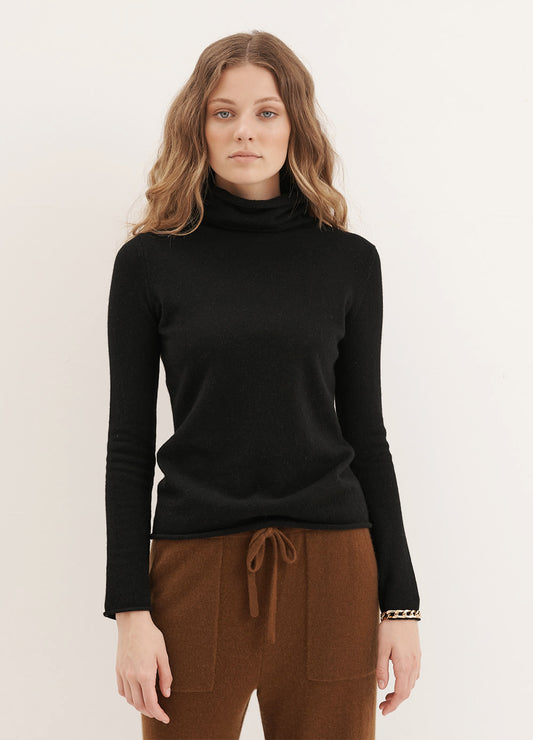 CASHMERE ESSENTIAL ROLL-NECK PULLOVER - BLACK