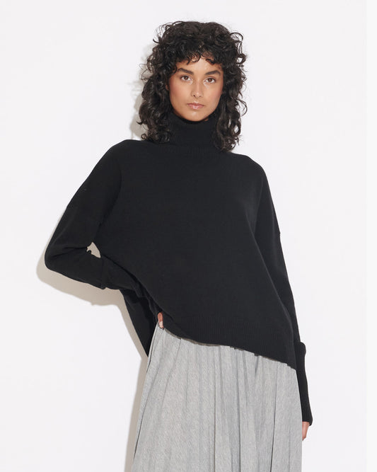 CASHMERE RELAXED ROLLNECK PULLOVER - BLACK