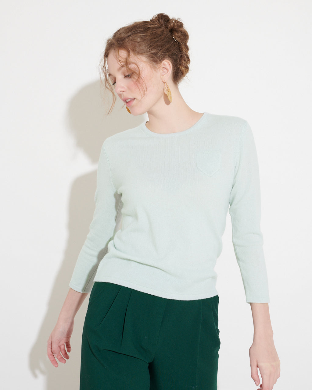 CASHMERE 3/4 SLEEVE TOP - ALOE VERA