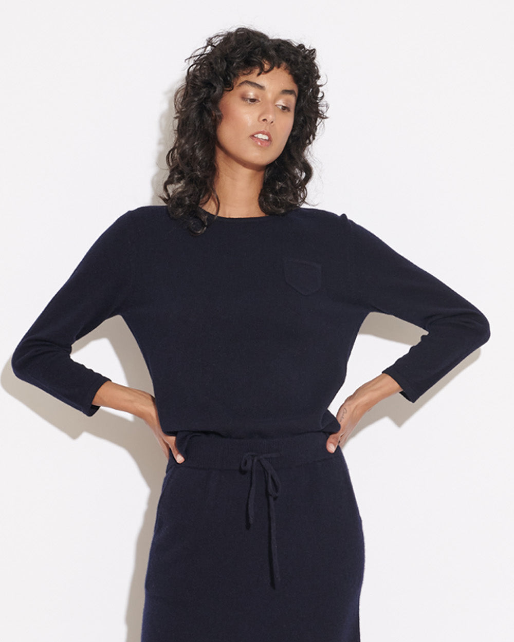 CASHMERE 3/4 SLEEVE TOP - NAVY
