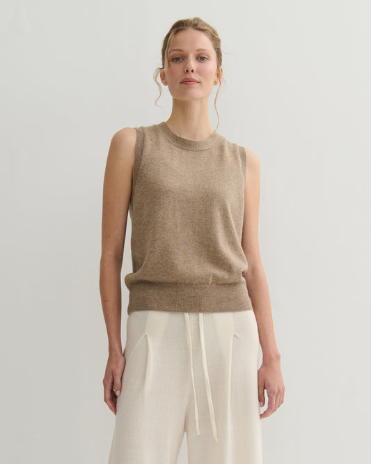 CASHMERE ALL YEAR ROUND CREW NECK TANK - SHIITAKE RAW