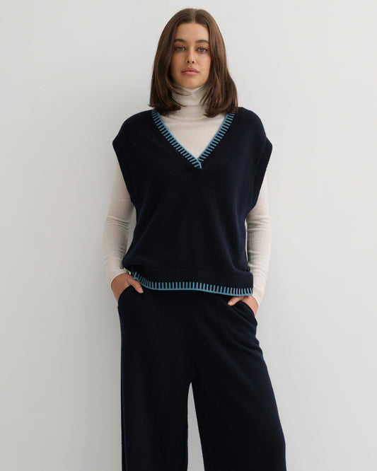 CONTRAST TRIM CASHMERE VEST - NAVY