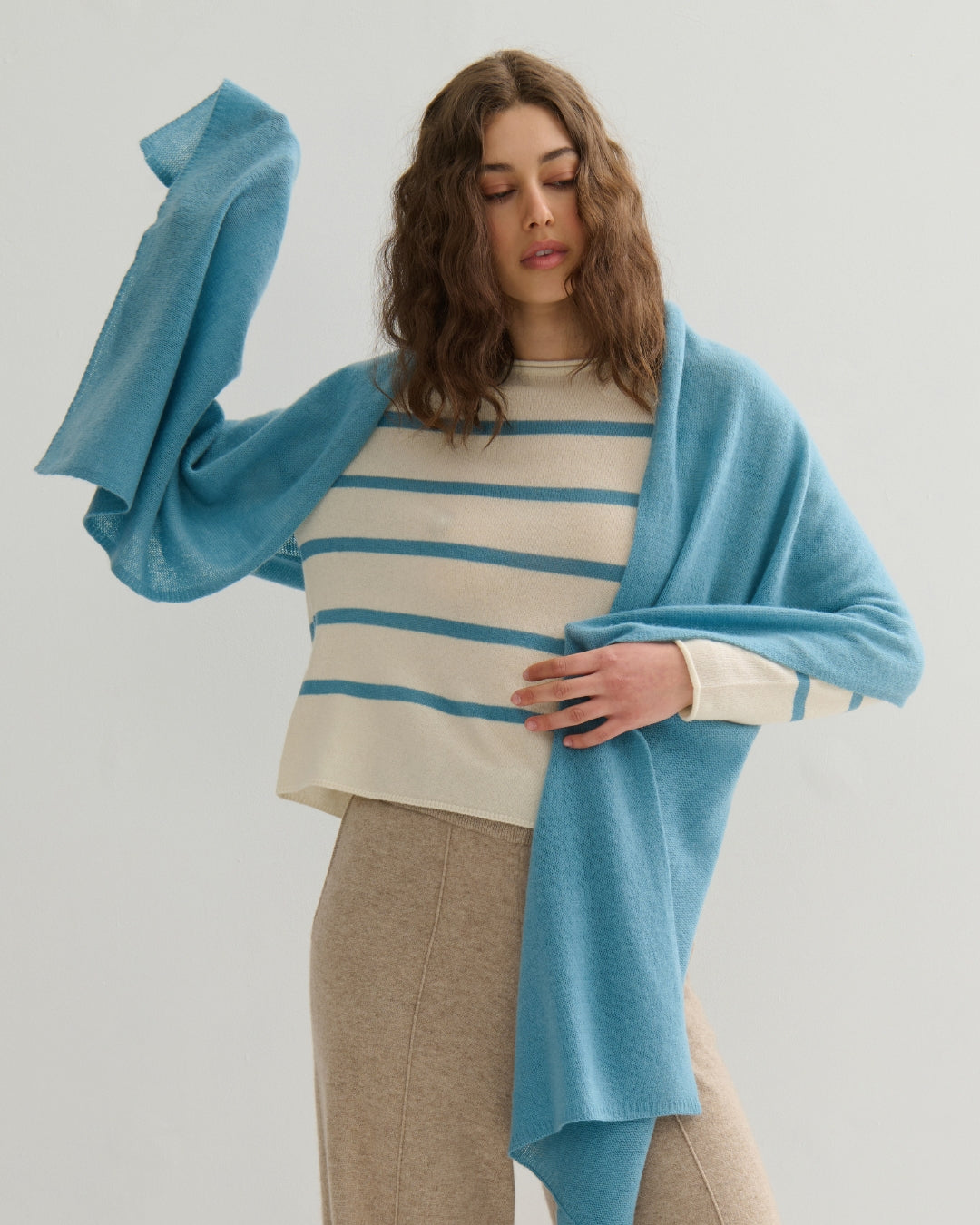 CASHMERE SCARF SHAWL IN ONE - LAKE BLUE