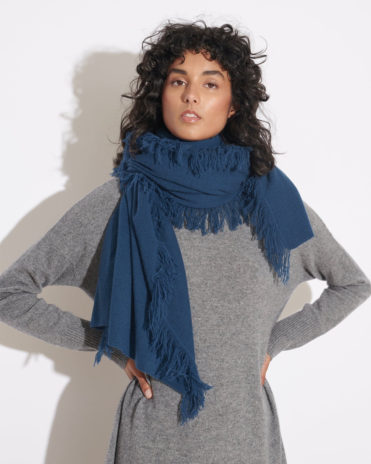 OVERSIZED CASHMERE FRINGE SHAWL - OCEAN BLUE