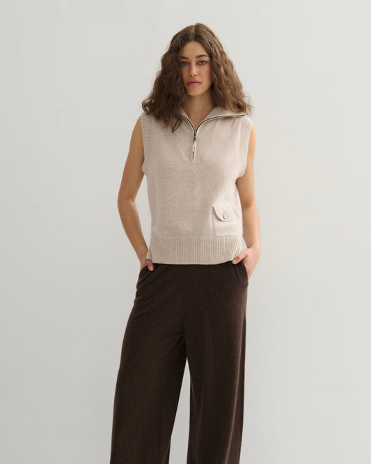 CASHMERE ZIP VEST - BEIGE RAW