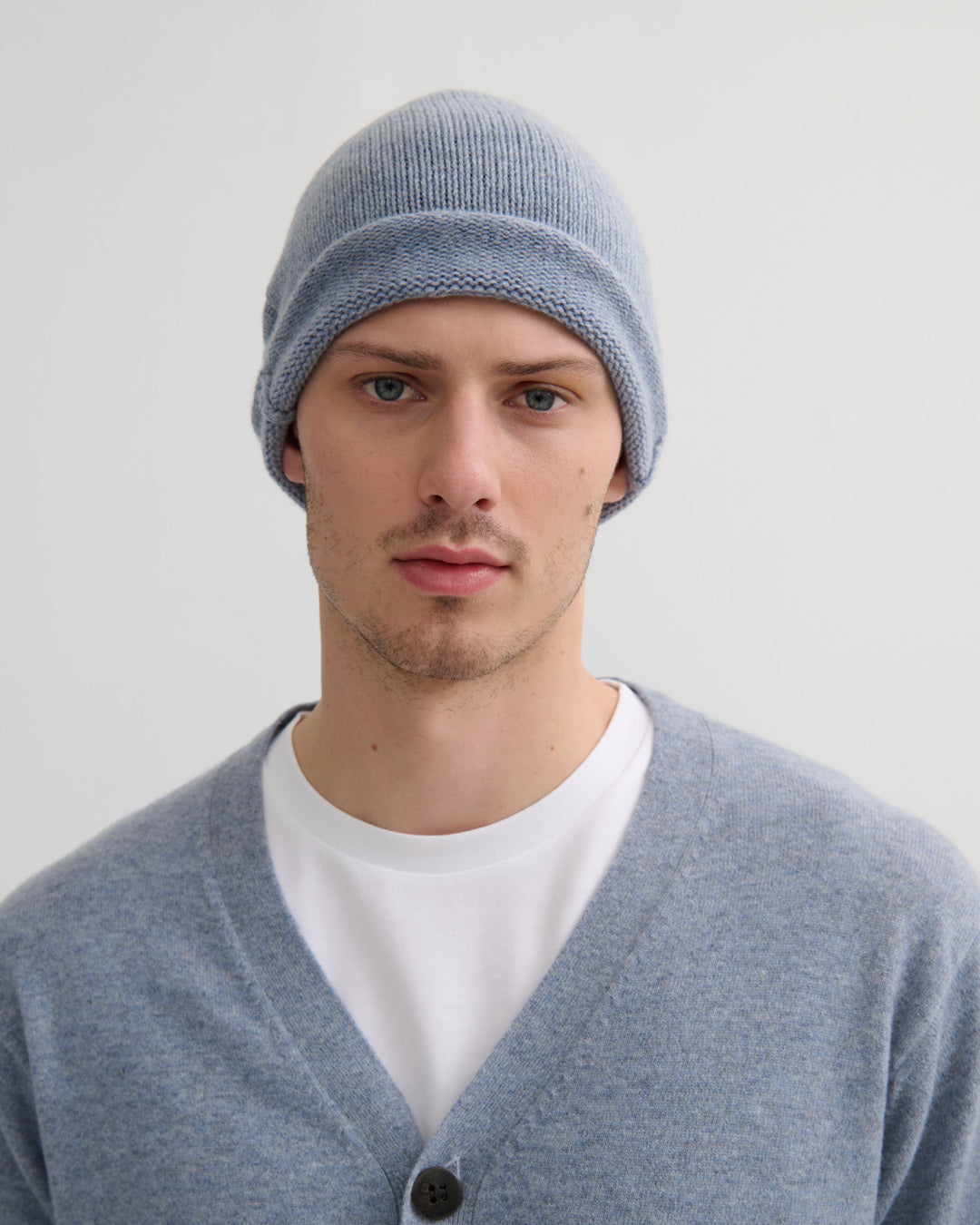 Unisex Misty Blue 100% Cashmere Beanie with Rolled Edge