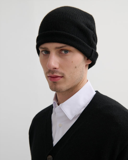 UNISEX CASHMERE ROLLED EDGE BEANIE - BLACK