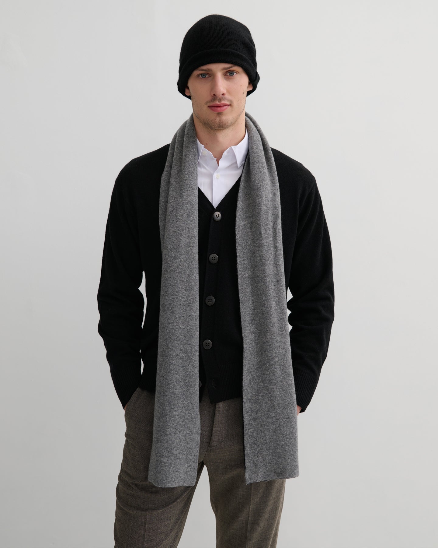 CASHMERE DOUBLE LAYER SCARF - GREY BLACK