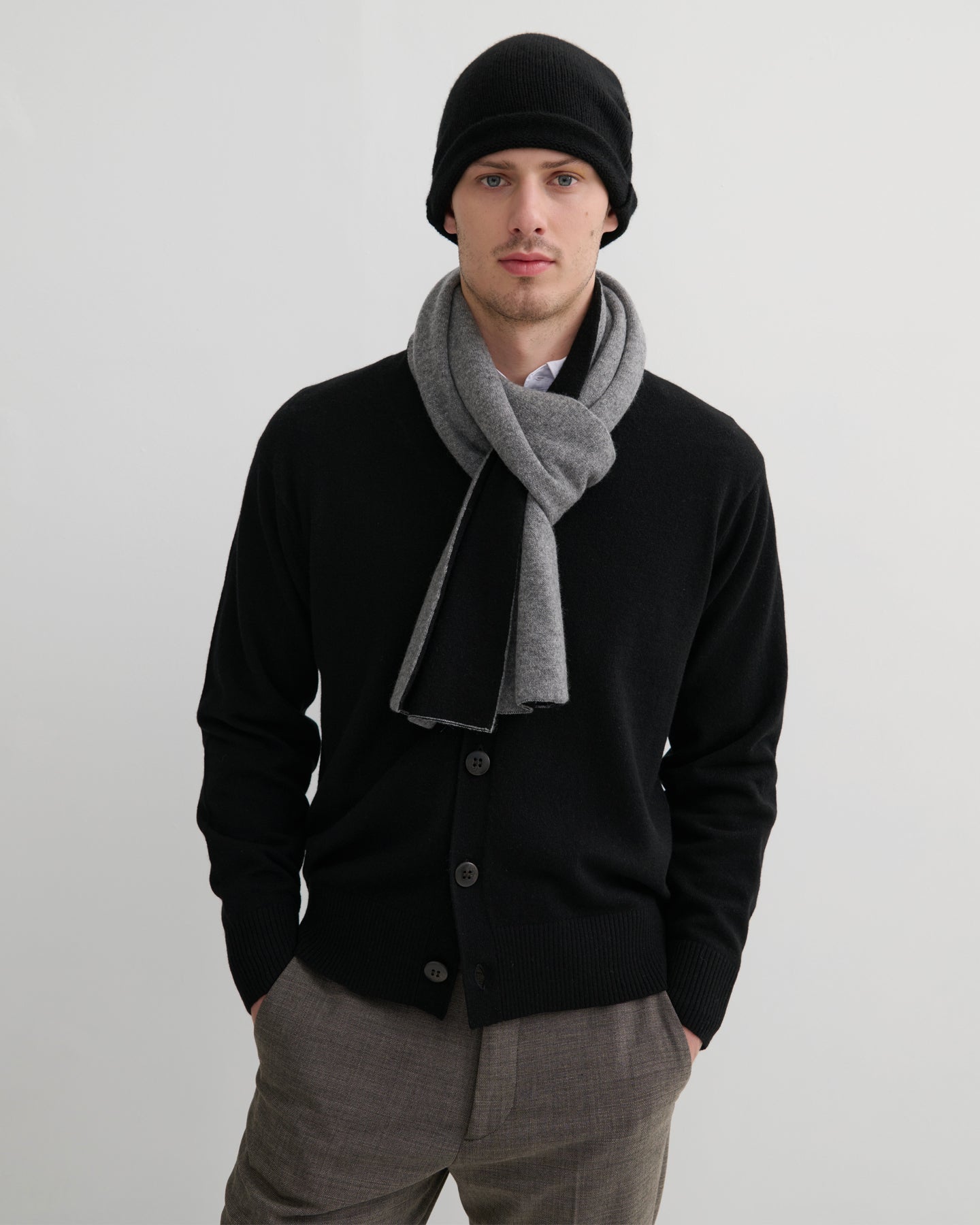 CASHMERE DOUBLE LAYER SCARF - GREY BLACK