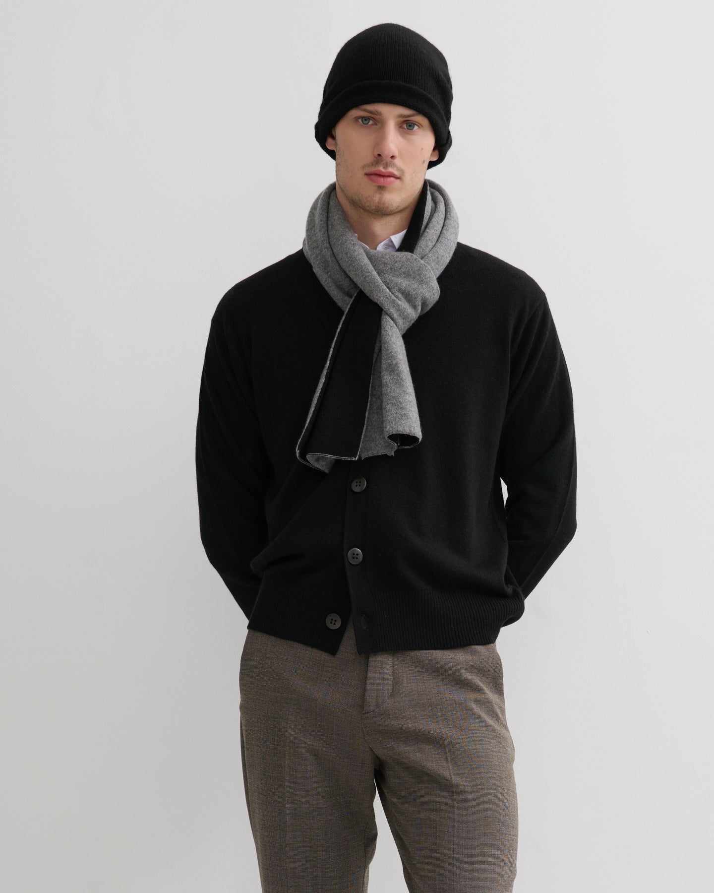 CASHMERE DOUBLE LAYER SCARF - GREY BLACK