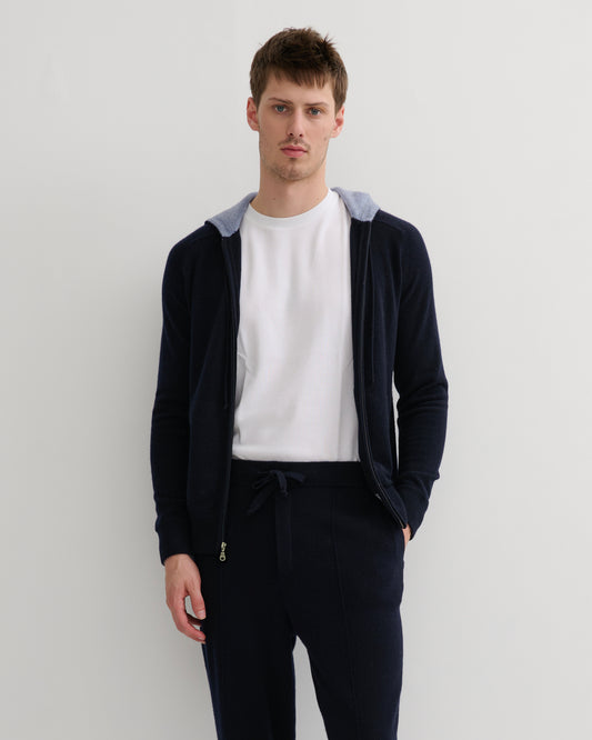 MEN'S CASHMERE HOODIE ZIP CARDIGAN- NAVY
