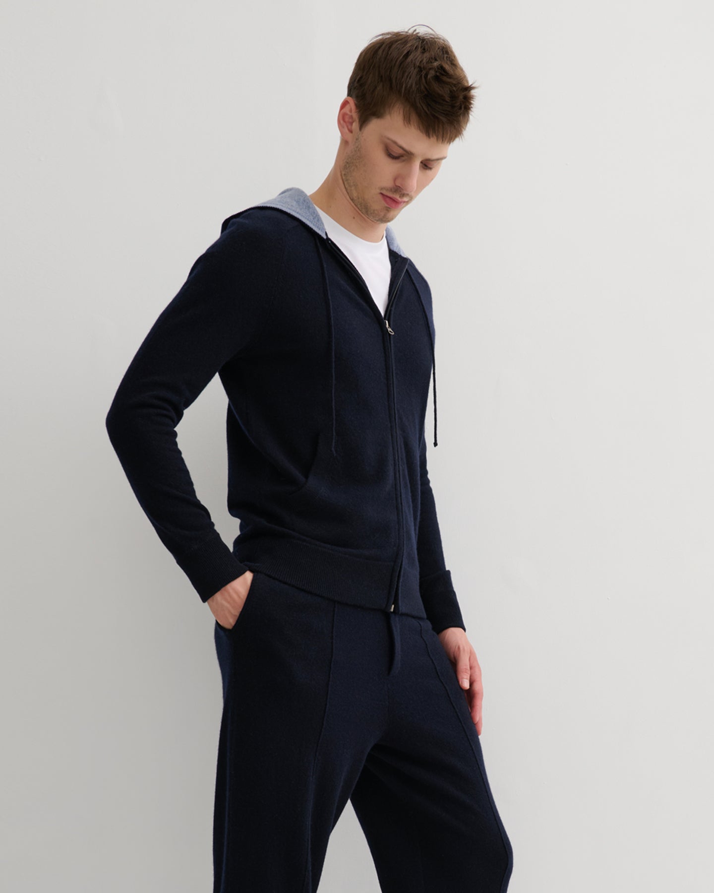 MEN'S CASHMERE HOODIE ZIP CARDIGAN- NAVY