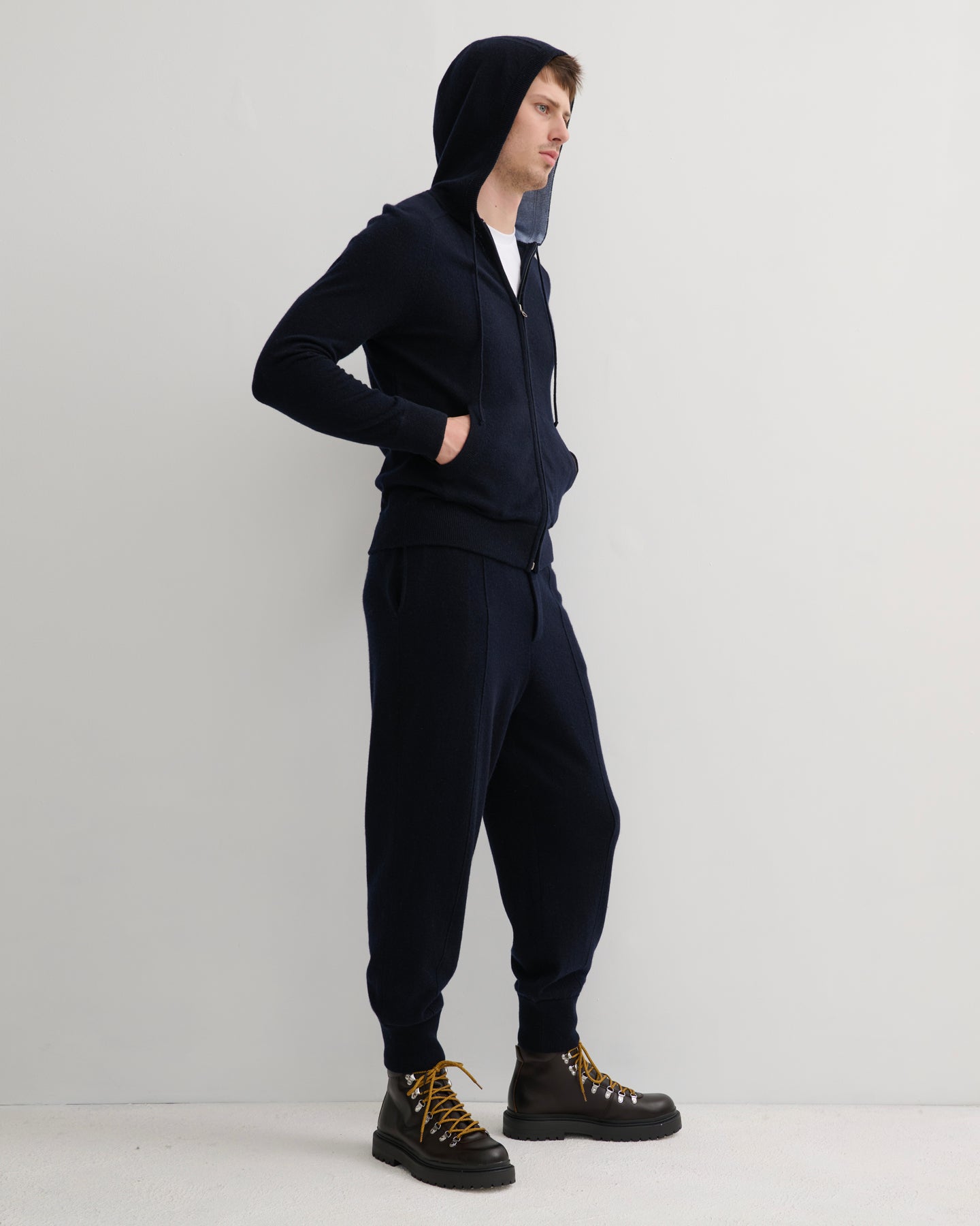 MEN'S CASHMERE HOODIE ZIP CARDIGAN- NAVY