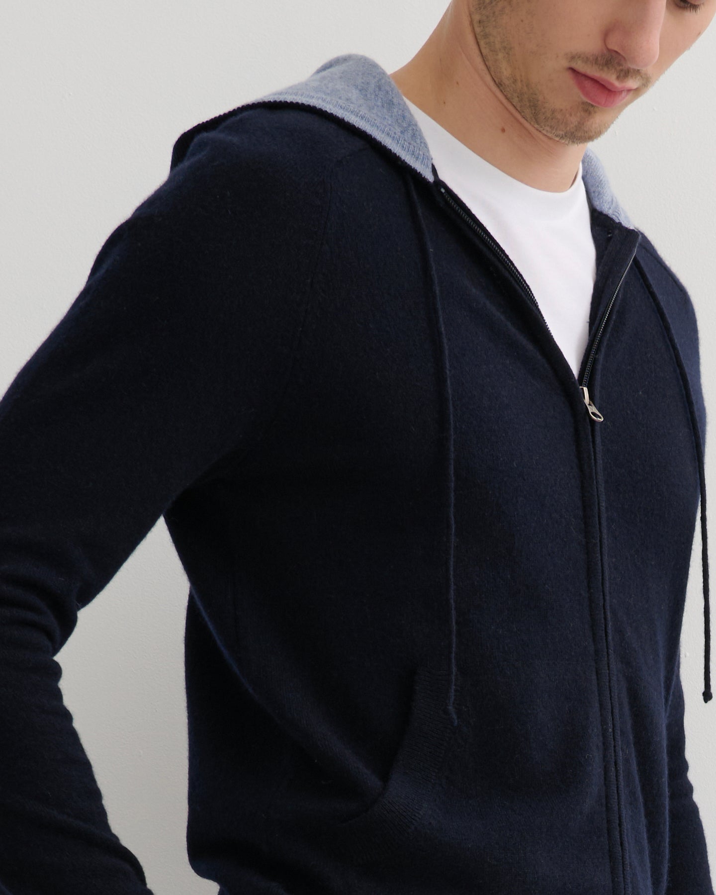 MEN'S CASHMERE HOODIE ZIP CARDIGAN- NAVY