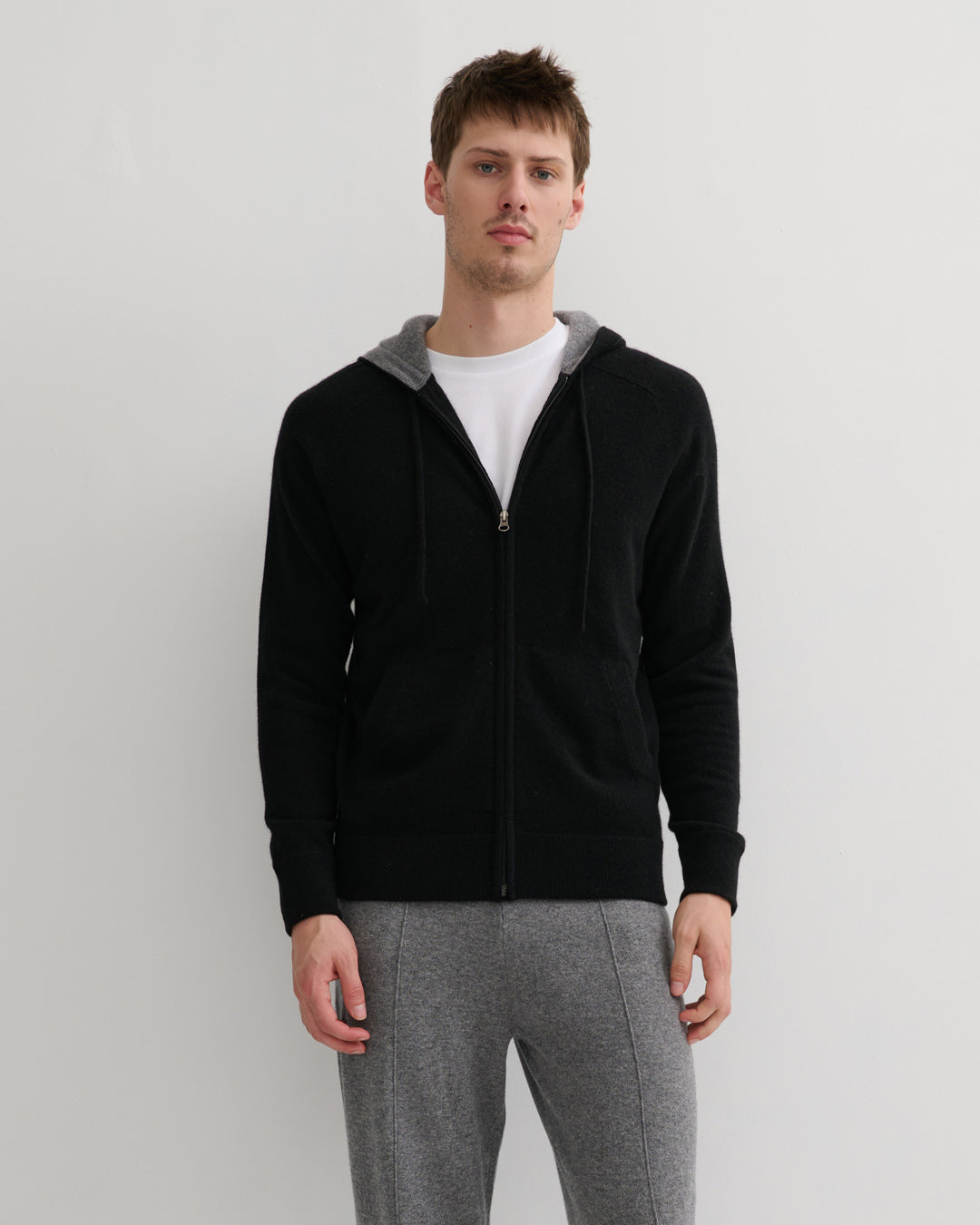 MEN'S CASHMERE HOODIE ZIP CARDIGAN- BLACK