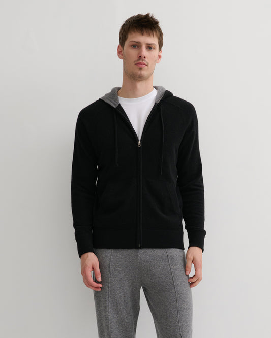 MEN'S CASHMERE HOODIE ZIP CARDIGAN- BLACK