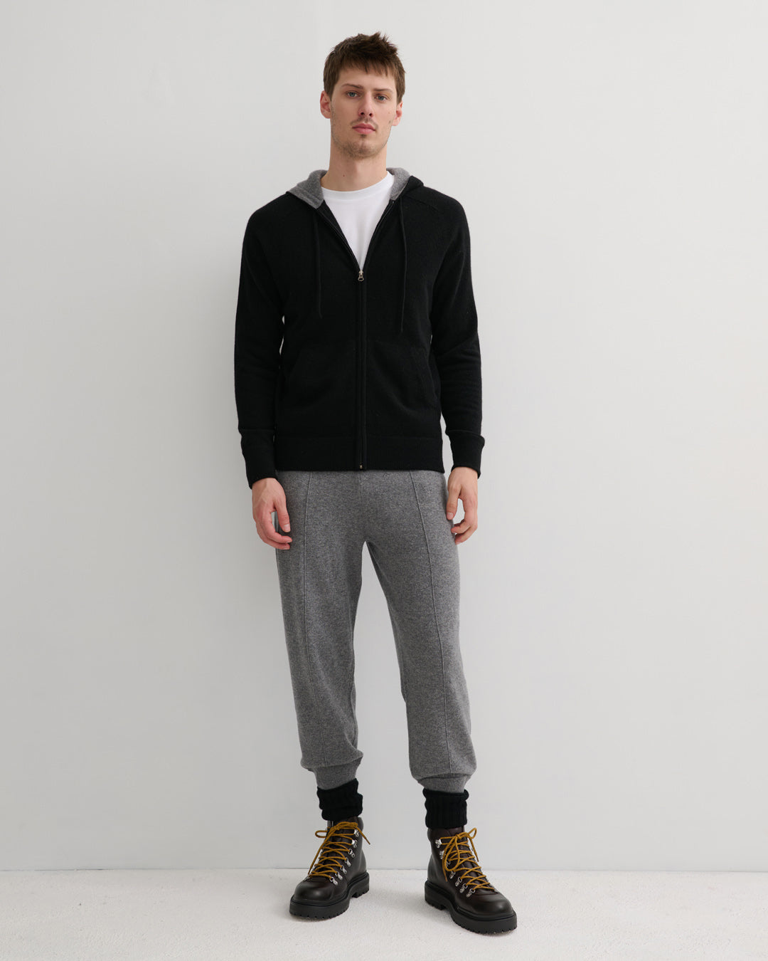 MEN'S CASHMERE HOODIE ZIP CARDIGAN- BLACK