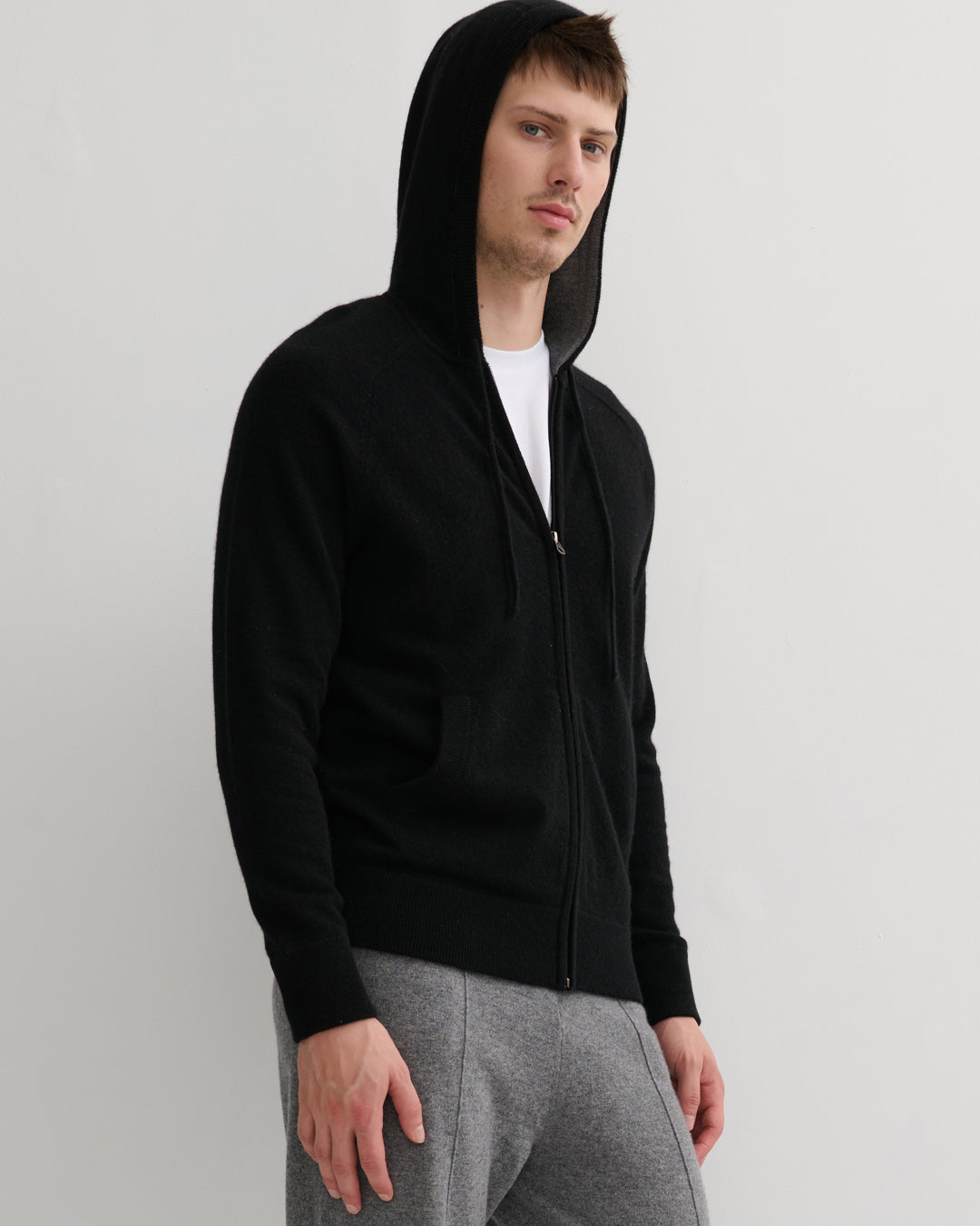 MEN'S CASHMERE HOODIE ZIP CARDIGAN- BLACK