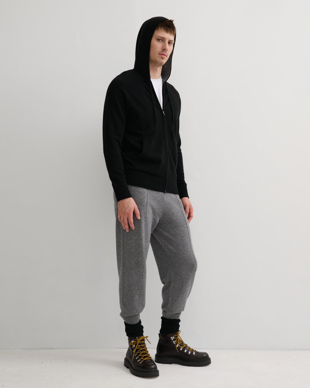MEN'S CASHMERE HOODIE ZIP CARDIGAN- BLACK