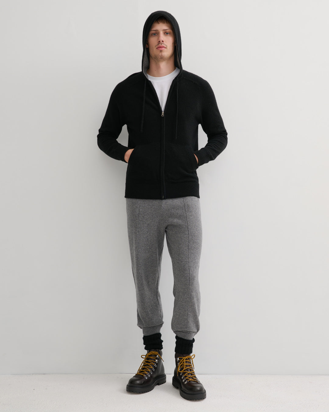 MEN'S CASHMERE HOODIE ZIP CARDIGAN- BLACK