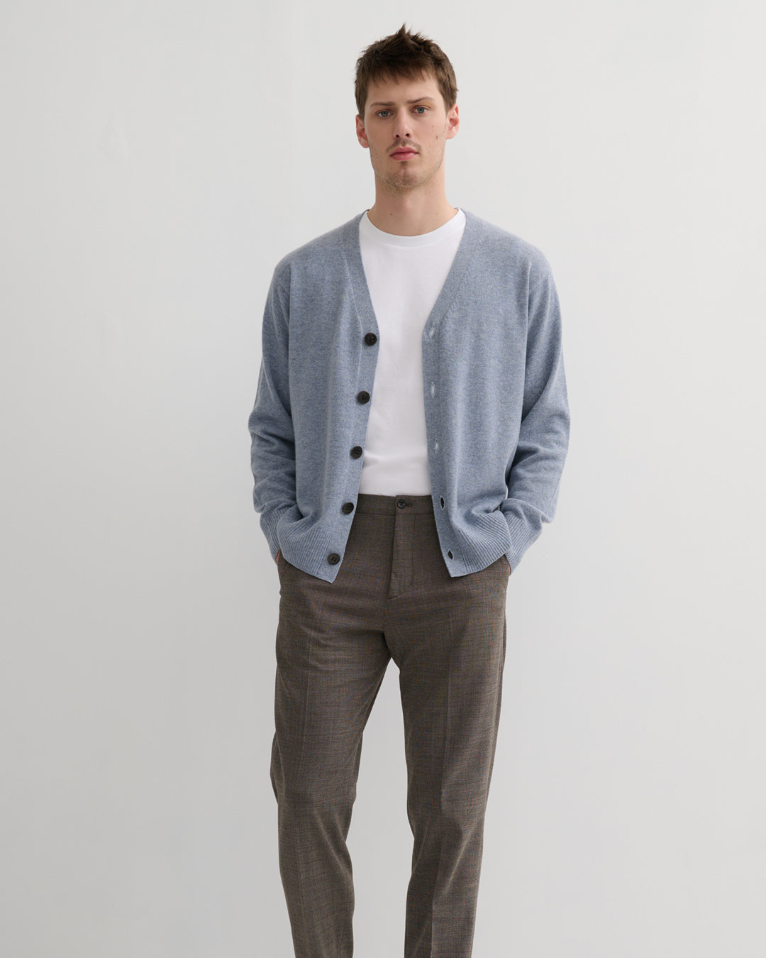 MEN'S CASHMERE V NECK CARDIGAN- MISTY BLUE