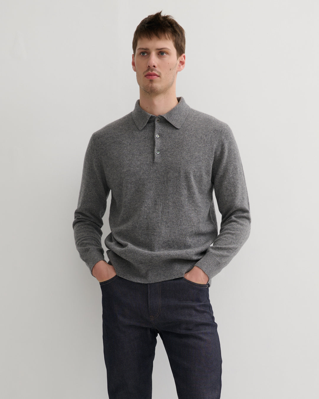 MEN'S CASHMERE POLO STYLE PULLOVER - MID GREY