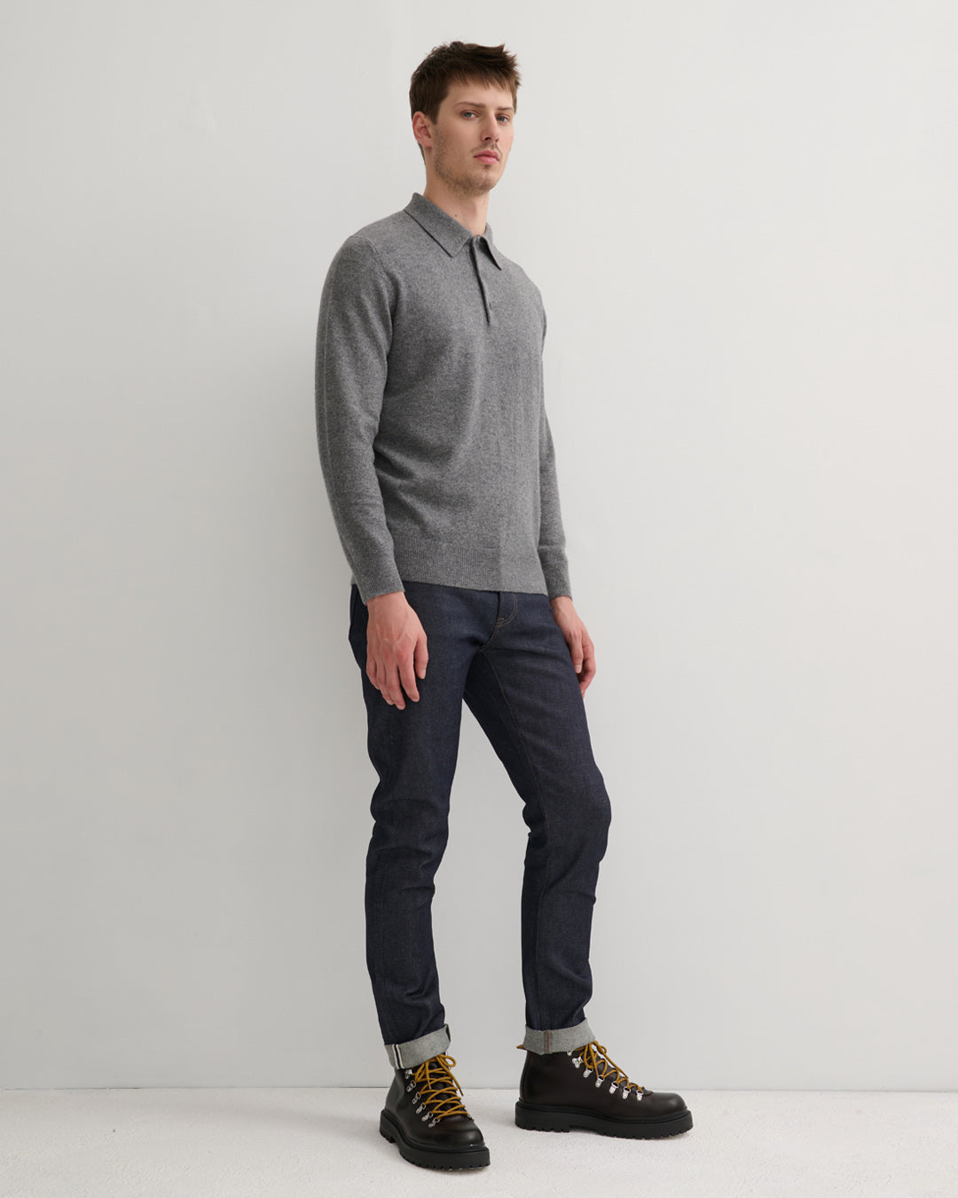 MEN'S CASHMERE POLO STYLE PULLOVER - MID GREY