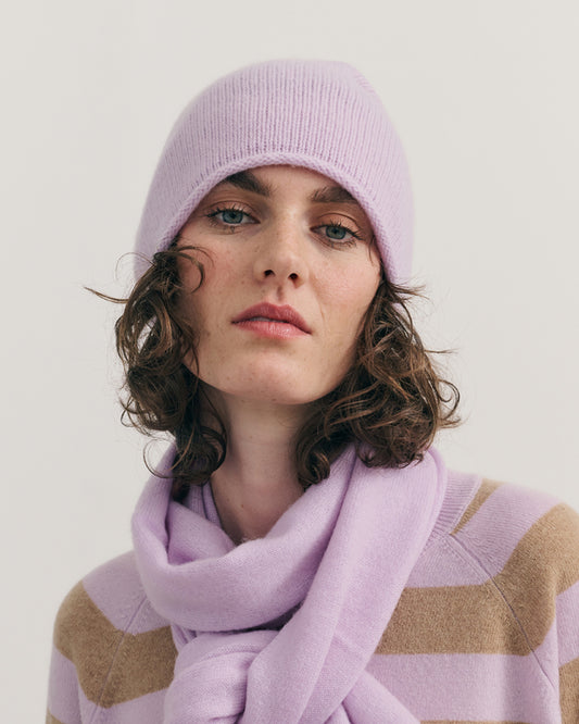 CASHMERE ROLLED EDGED BEANIE - PASTEL LILAC