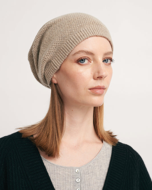 PINAPPLE KNIT CASHMERE BEANIE - WHEAT