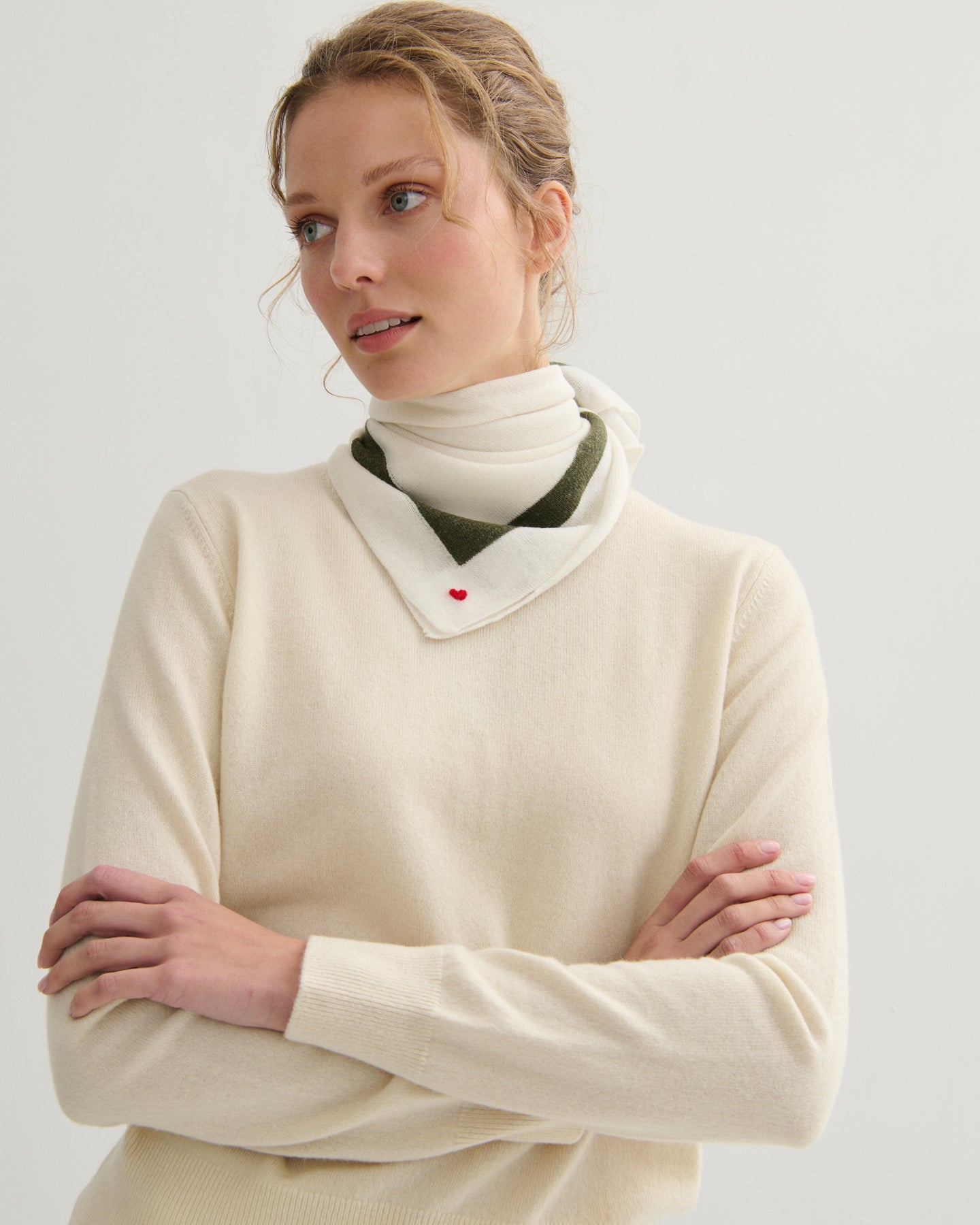 'MY HEART TO YOU' SQUARE SCARF - CREAM/MOSS