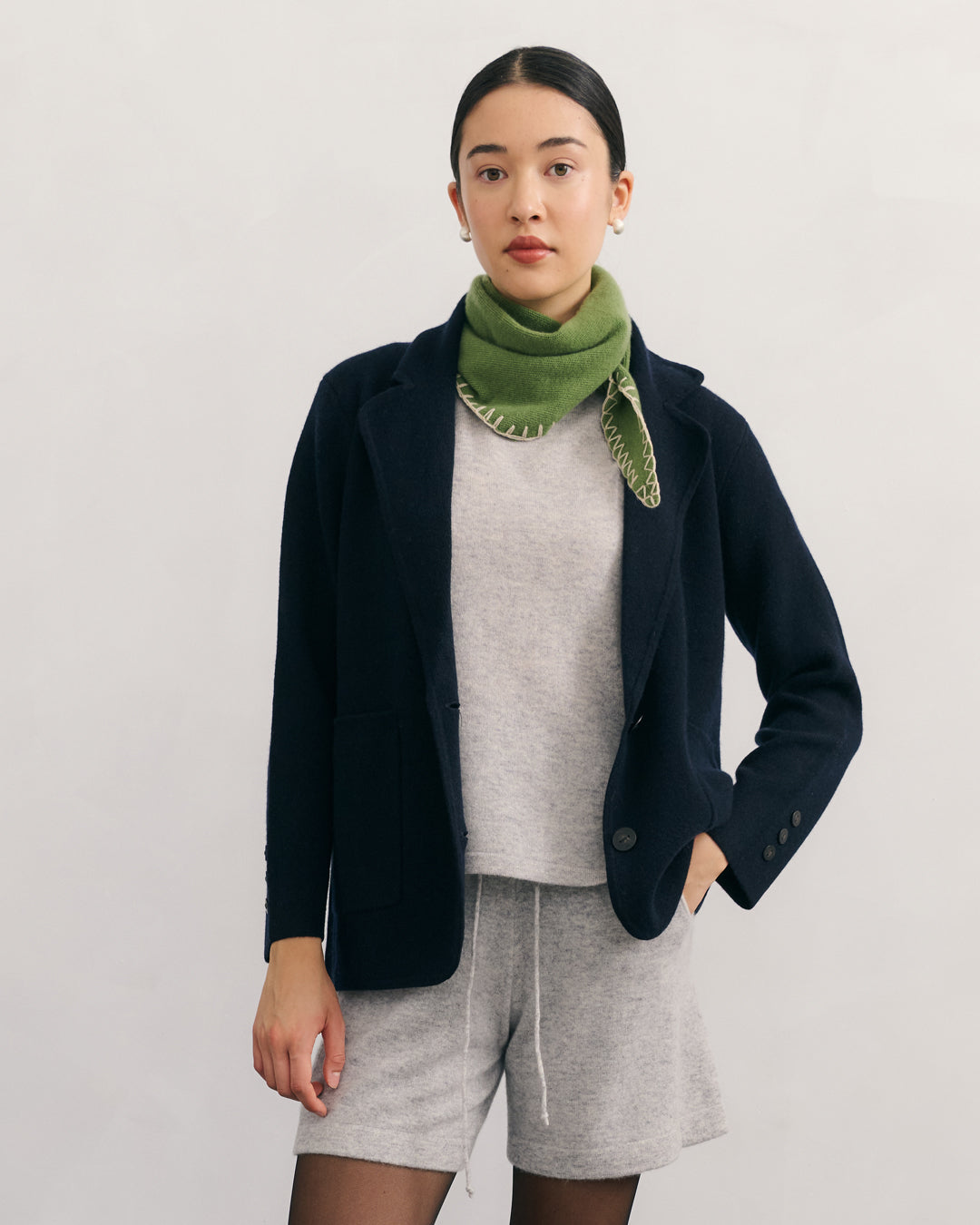 CASHMERE CONTRAST STITCH TRIANGLE SCARF - KAFFIR GREEN