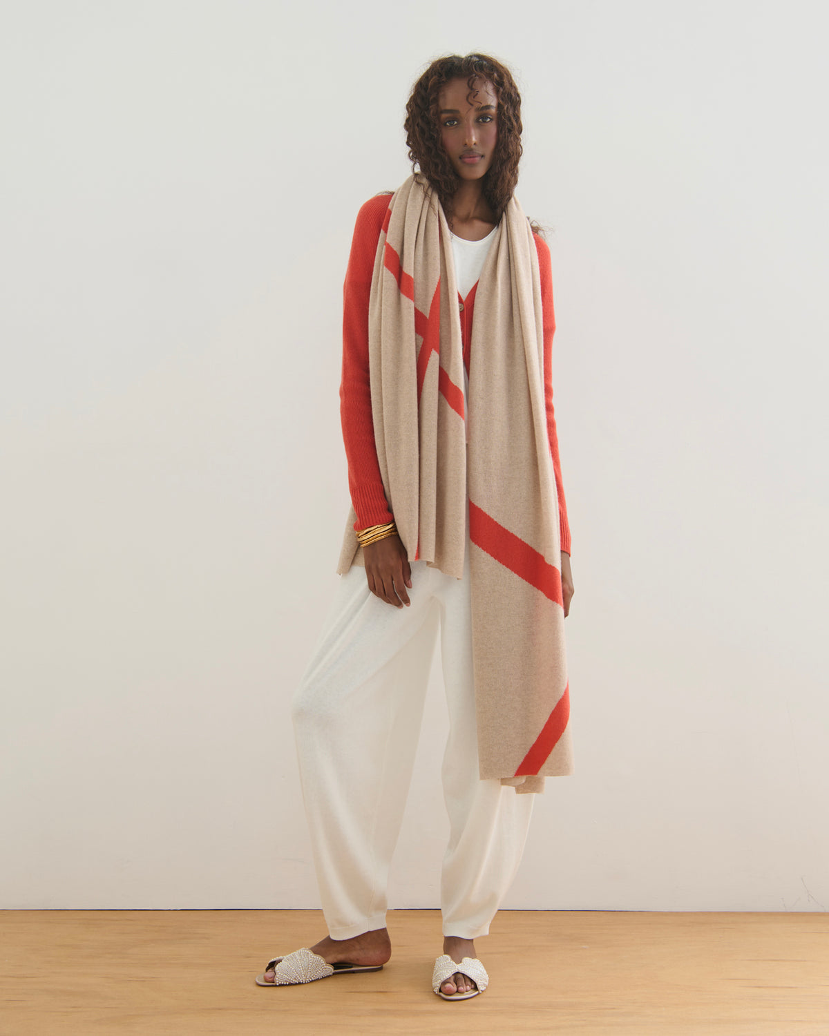 OVERSIZED CASHMERE TRAVEL WRAP STRIPE - GERANIUM