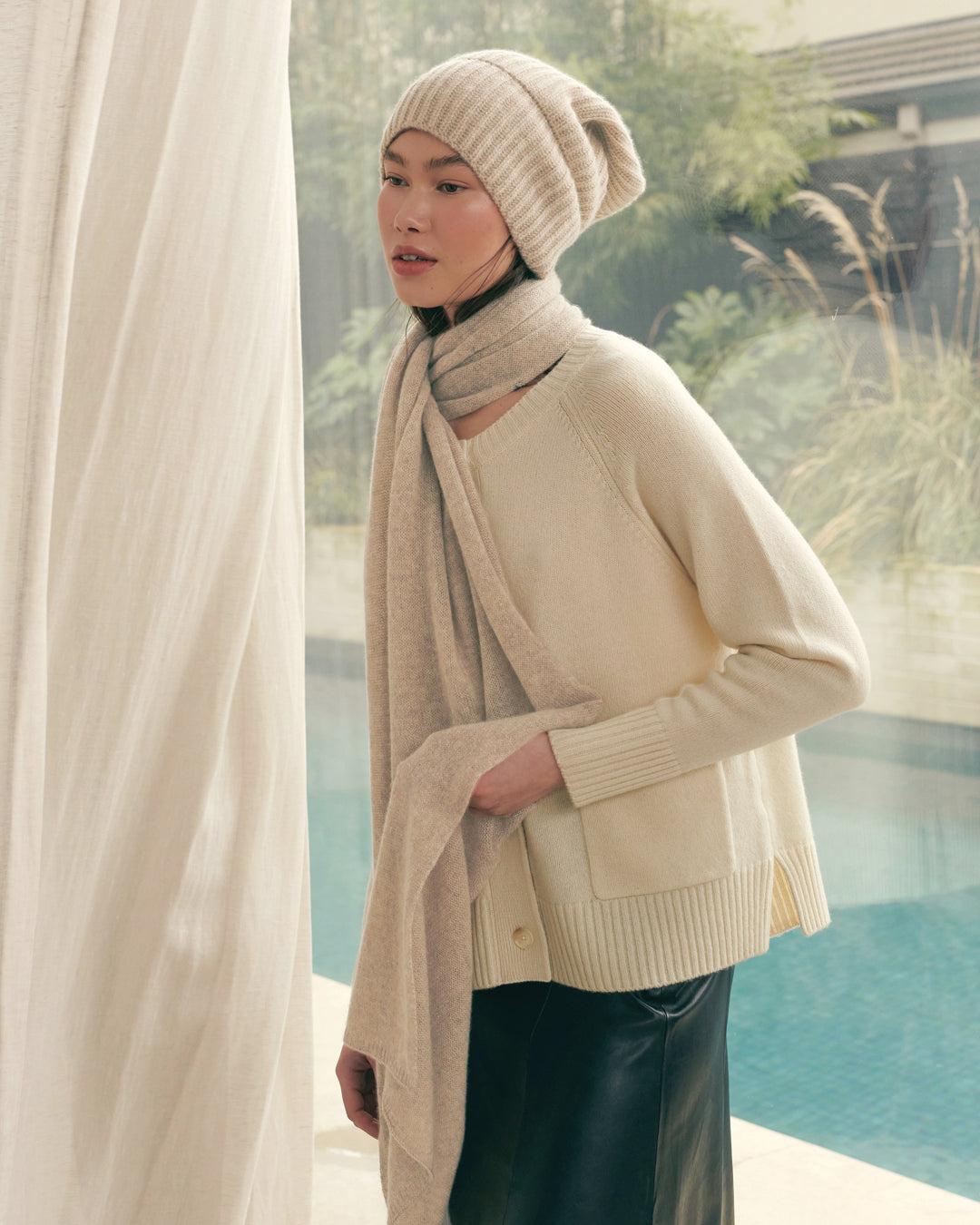 CASHMERE SCARF SHAWL IN ONE - BEIGE RAW