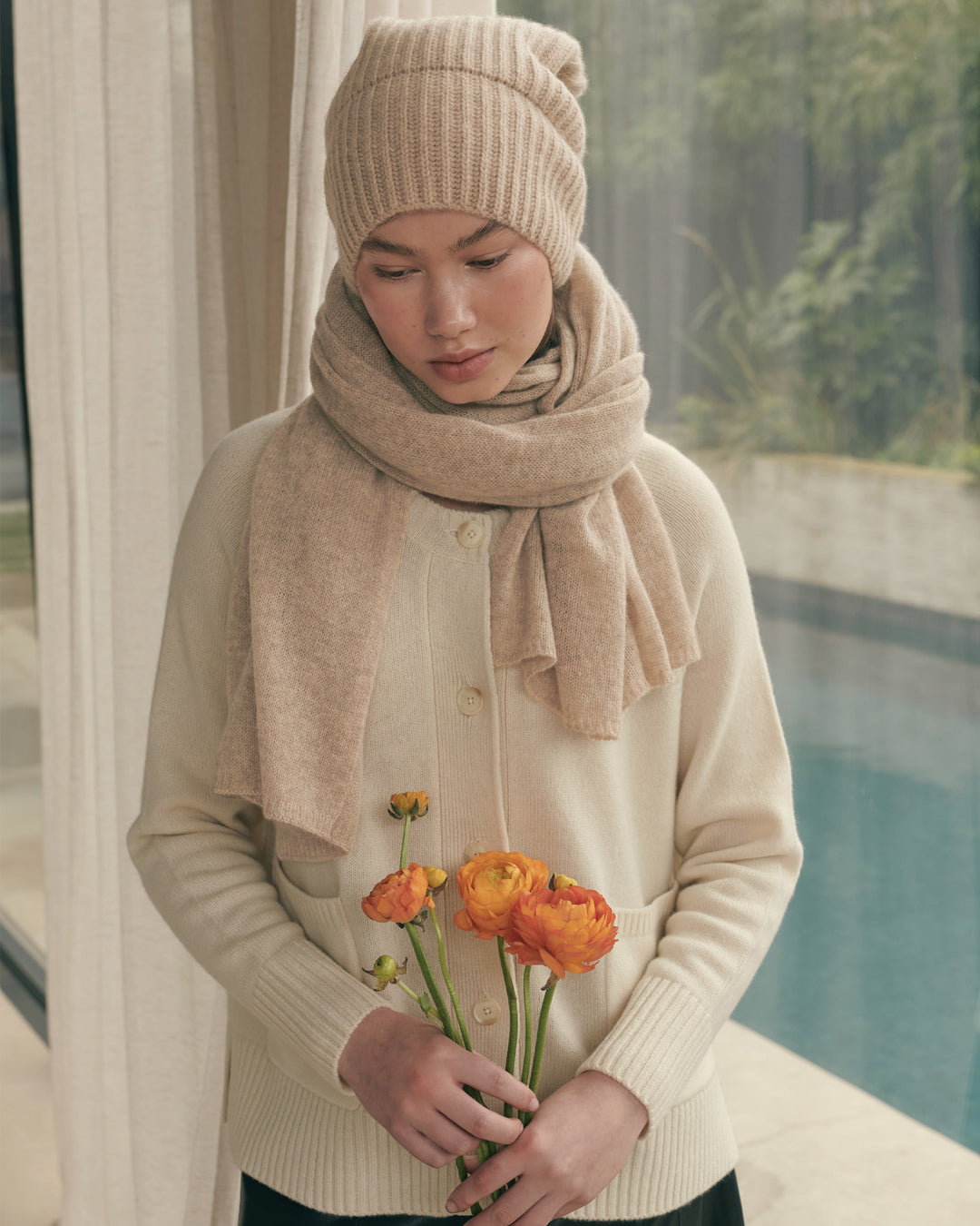 CASHMERE SCARF SHAWL IN ONE - BEIGE RAW