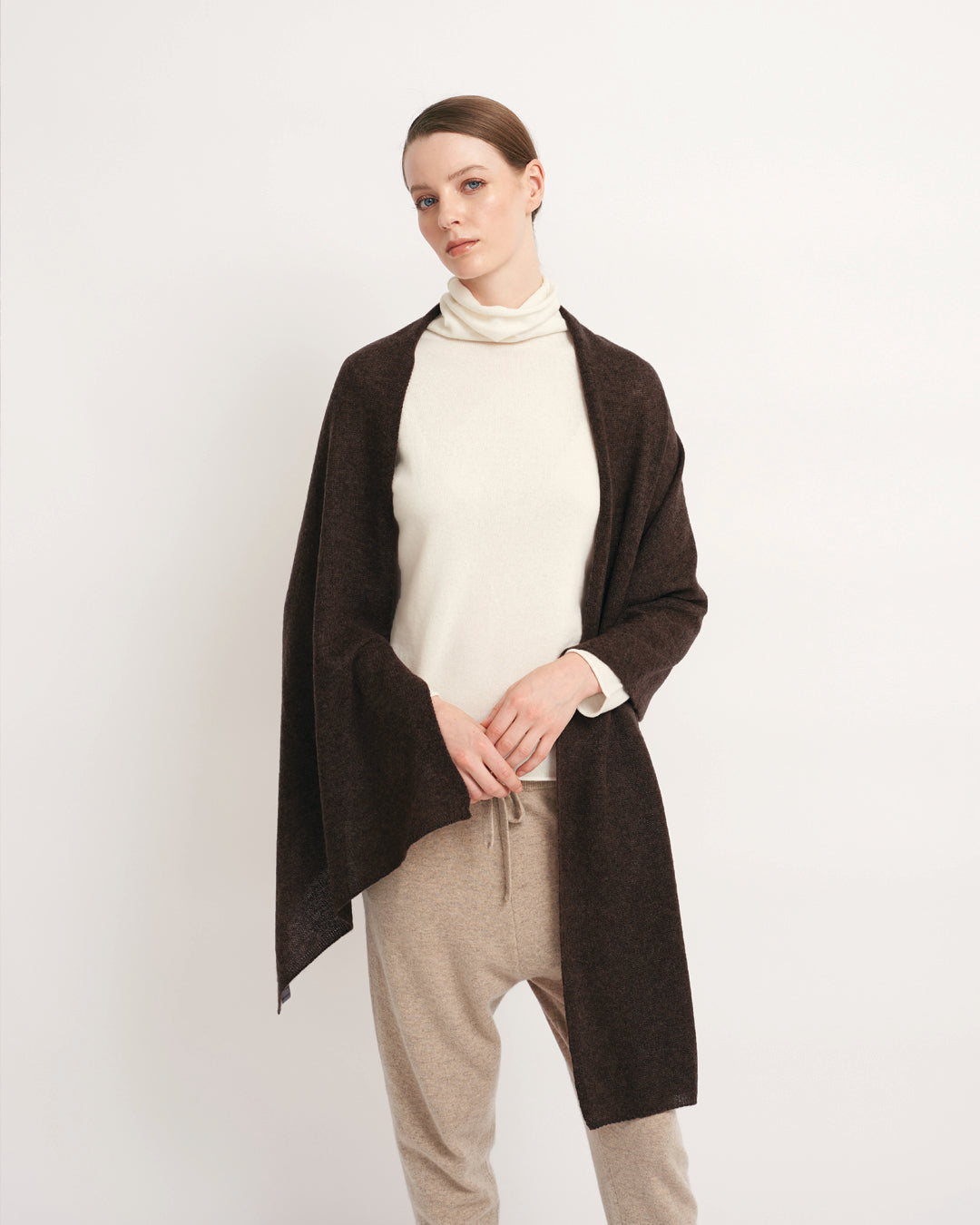 CASHMERE SCARF SHAWL IN ONE - CHOCOLATE