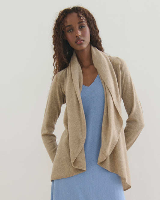 FLOWING COLLAR ULTRA LIGHT CASHMERE CARDIGAN - WHEAT