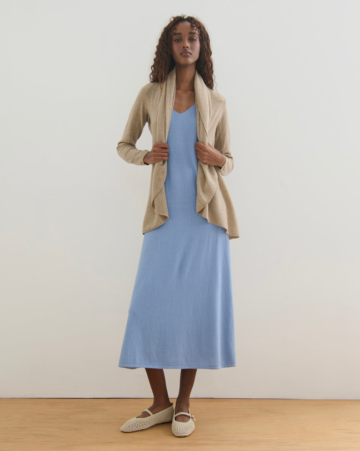 FLOWING COLLAR ULTRA LIGHT CASHMERE CARDIGAN - WHEAT
