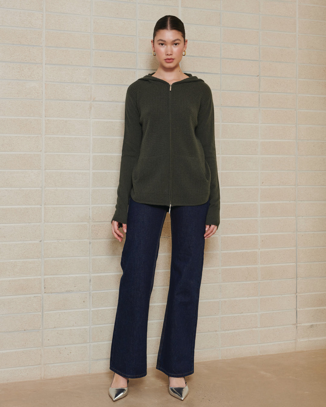 CASHMERE WAFFLE KNIT HOODIE CARDIGAN - TEAF LEAF