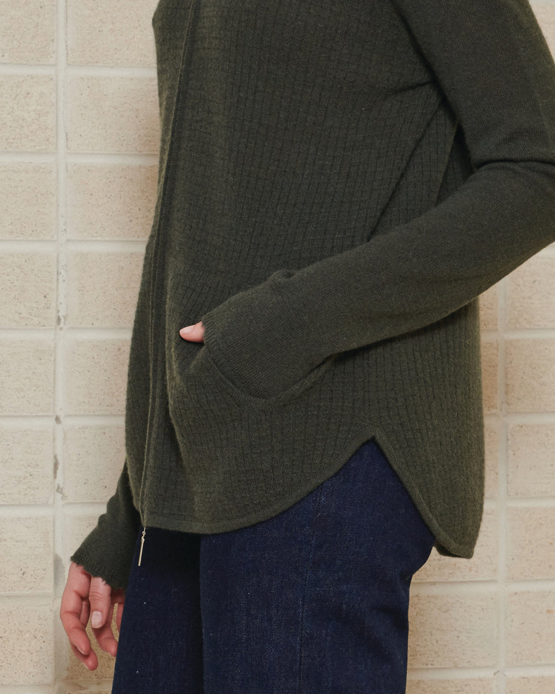 CASHMERE WAFFLE KNIT HOODIE CARDIGAN - TEAF LEAF
